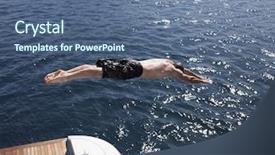  Presentation with yacht - Presentation design featuring middle aged man diving into sea from yacht background and a ocean colored foreground
