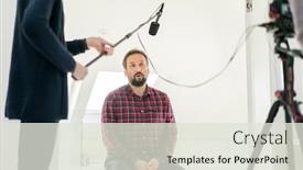  Presentation with interview - Audience pleasing slides consisting of middle-aged-man-having-interview backdrop and a sky blue colored foreground