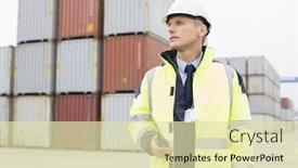  Presentation with walkie talkie - Audience pleasing theme consisting of middle-aged man holding walkie-talkie in shipping yard backdrop and a soft green colored foreground