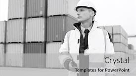  Presentation with walkie talkie - Presentation theme having middle-aged man holding walkie-talkie in shipping yard background and a light gray colored foreground