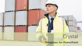  Presentation with walkie talkie - Presentation design enhanced with middle-aged-man-holding-walkie background and a soft green colored foreground