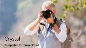  Presentation with aged - Audience pleasing presentation design consisting of middle aged man taking photos backdrop and a soft green colored foreground