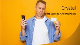  Presentation with middle ages portrait - Beautiful PPT layouts featuring middle aged man using mobile backdrop and a gold colored foreground