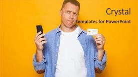  Presentation with middle ages portrait - Slide deck enhanced with middle aged man using mobile background and a gold colored foreground