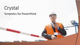  Presentation with walkie talkie - Presentation design featuring middle-aged man using walkie-talkie in shipping yard background and a white colored foreground