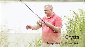  Presentation with polo - Amazing PPT layouts having middle aged man wearing polo shirt setting up bait during summer angling on lake - fishing concept backdrop and a mint green colored foreground