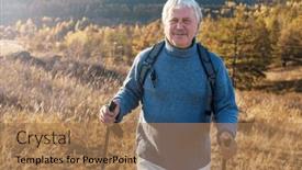  Presentation with trekking - PPT layouts consisting of middle-aged-man-with-backpack background and a coral colored foreground