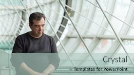  Presentation with public - PPT theme featuring middle-aged-pensive-man background and a mint green colored foreground