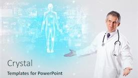  Presentation with aged map - PPT layouts consisting of middle aged scientist with full body map concept background and a sky blue colored foreground