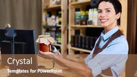  Presentation with barcode - Beautiful theme featuring middle-aged-shop-assistant-looking backdrop and a coral colored foreground