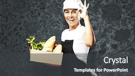  Presentation with vintage food - Audience pleasing PPT theme consisting of middle aged woman carrying food backdrop and a dark gray colored foreground