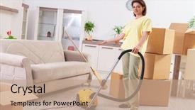  Presentation with apartment - Presentation design featuring electrical presentaton - middle-aged woman cleaning new apartment background and a coral colored foreground