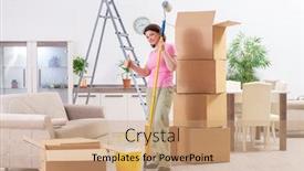  Presentation with home renovation - PPT layouts enhanced with ship repair - middle-aged woman doing renovation background and a coral colored foreground