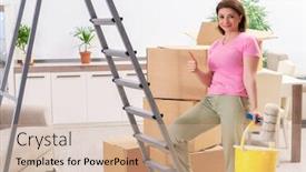  Presentation with home renovation - Colorful theme enhanced with middle-aged woman doing renovation at home backdrop and a soft green colored foreground