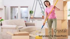  Presentation with home renovation - Slides enhanced with middle-aged woman doing renovation at home background and a coral colored foreground