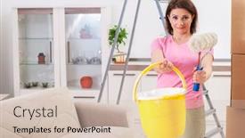  Presentation with home renovation - PPT layouts consisting of middle-aged woman doing renovation at home background and a soft green colored foreground