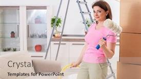  Presentation with home renovation - Presentation theme featuring middle-aged woman doing renovation at home background and a soft green colored foreground