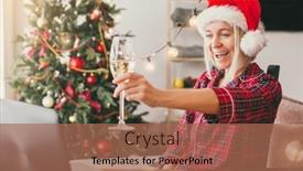  Presentation with virtual party - Slide deck consisting of middle-aged-woman-drinking-champagne background and a coral colored foreground