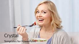  Presentation with ready to eat salad - Slide set enhanced with middle aged woman eating salad background and a  colored foreground