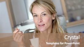  Presentation with aged - Audience pleasing PPT layouts consisting of middle-aged woman eating yoghurt backdrop and a coral colored foreground