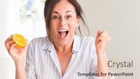  Presentation with orange fruit - Theme having middle aged woman holding orange fruit screaming proud and celebrating victory and success very excited cheering emotion background and a lemonade colored foreground