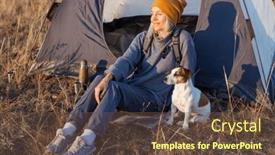  Presentation with russell - PPT theme consisting of middle-aged-woman-on-hiking background and a tawny brown colored foreground