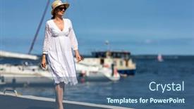  Presentation with marina - Colorful PPT layouts enhanced with middle-aged-woman-on-vacation backdrop and a ocean colored foreground