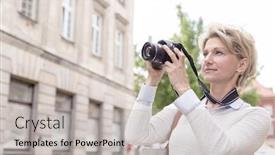  Presentation with aged - Colorful presentation theme enhanced with middle-aged-woman-photographing-through backdrop and a light gray colored foreground