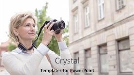  Presentation with aged - PPT layouts having middle-aged-woman-photographing-through background and a light gray colored foreground