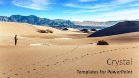  Presentation with sand dunes - Beautiful PPT theme featuring middle-aged-woman-photographs-desert backdrop and a coral colored foreground