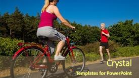  Presentation with healthy lifestyle cute - PPT theme featuring middle-aged woman riding bike background and a tawny brown colored foreground