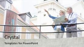  Presentation with aged map - PPT theme consisting of middle-aged woman showing something to man while reading map by railing background and a light gray colored foreground