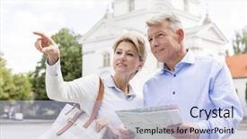  Presentation with aged map - Presentation design enhanced with middle-aged woman showing something to man holding map outdoors background and a sky blue colored foreground