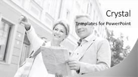  Presentation with aged map - Beautiful PPT theme featuring middle-aged woman showing something to man with road map in city backdrop and a white colored foreground