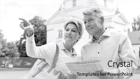  Presentation with aged map - PPT theme having middle-aged woman showing something to man holding map outdoors background and a light gray colored foreground