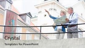  Presentation with aged map - Cool new presentation with middle-aged woman showing something to man while reading map by railing backdrop and a light gray colored foreground