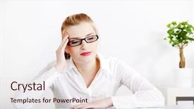  Presentation with woman office desk - Colorful theme enhanced with middle-aged woman sitting behind the desk in the office having headache backdrop and a lemonade colored foreground