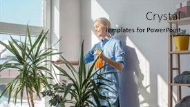  Presentation with water plant - Presentation design consisting of middle-aged-woman-sprays-plants background and a light gray colored foreground