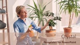  Presentation with water plant - Slides having middle-aged-woman-sprays-plants background and a coral colored foreground