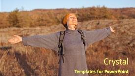  Presentation with traveler - Slide set consisting of middle-aged-woman-traveler-backpacking background and a tawny brown colored foreground