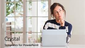  Presentation with middle ages - Colorful PPT theme enhanced with middle aged woman using laptop backdrop and a light gray colored foreground