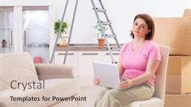  Presentation with home improvement - Amazing slide set having middle-aged woman with laptop in home improvement concept backdrop and a soft green colored foreground