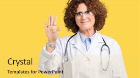  Presentation with middle ages - Presentation enhanced with middle ager senior doctor woman background and a  colored foreground