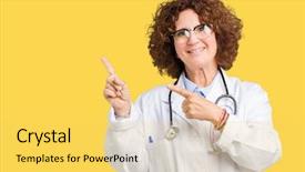  Presentation with fingers - Presentation enhanced with middle ager senior doctor woman background and a  colored foreground