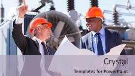  Presentation with substation - Slide deck consisting of middle ages power points - happy managers discussing blueprint background and a light blue colored foreground