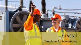  Presentation with substation - Slides with middle ages power points - technical workers discussing work background and a  colored foreground