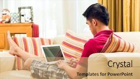  Presentation with internet surfing - Slide deck having middle class - asian man sitting on couch background and a  colored foreground