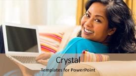  Presentation with internet surfing - Colorful PPT layouts enhanced with middle class - asian woman sitting on couch backdrop and a  colored foreground