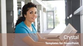  Presentation with school - PPT theme enhanced with middle class - young woman reading a book background and a coral colored foreground