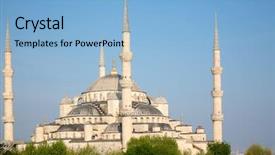  Presentation with famous moroccan koutoubia mosque minaret - PPT theme having ancient middle east - famous blue mosque in istanbul background and a light blue colored foreground